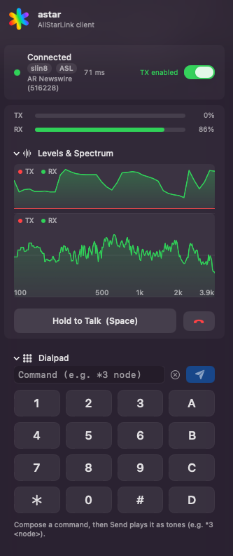 The astar popover on macOS: connected to a node, with live TX and RX meters, the levels and spectrum view, and the DTMF dialpad open